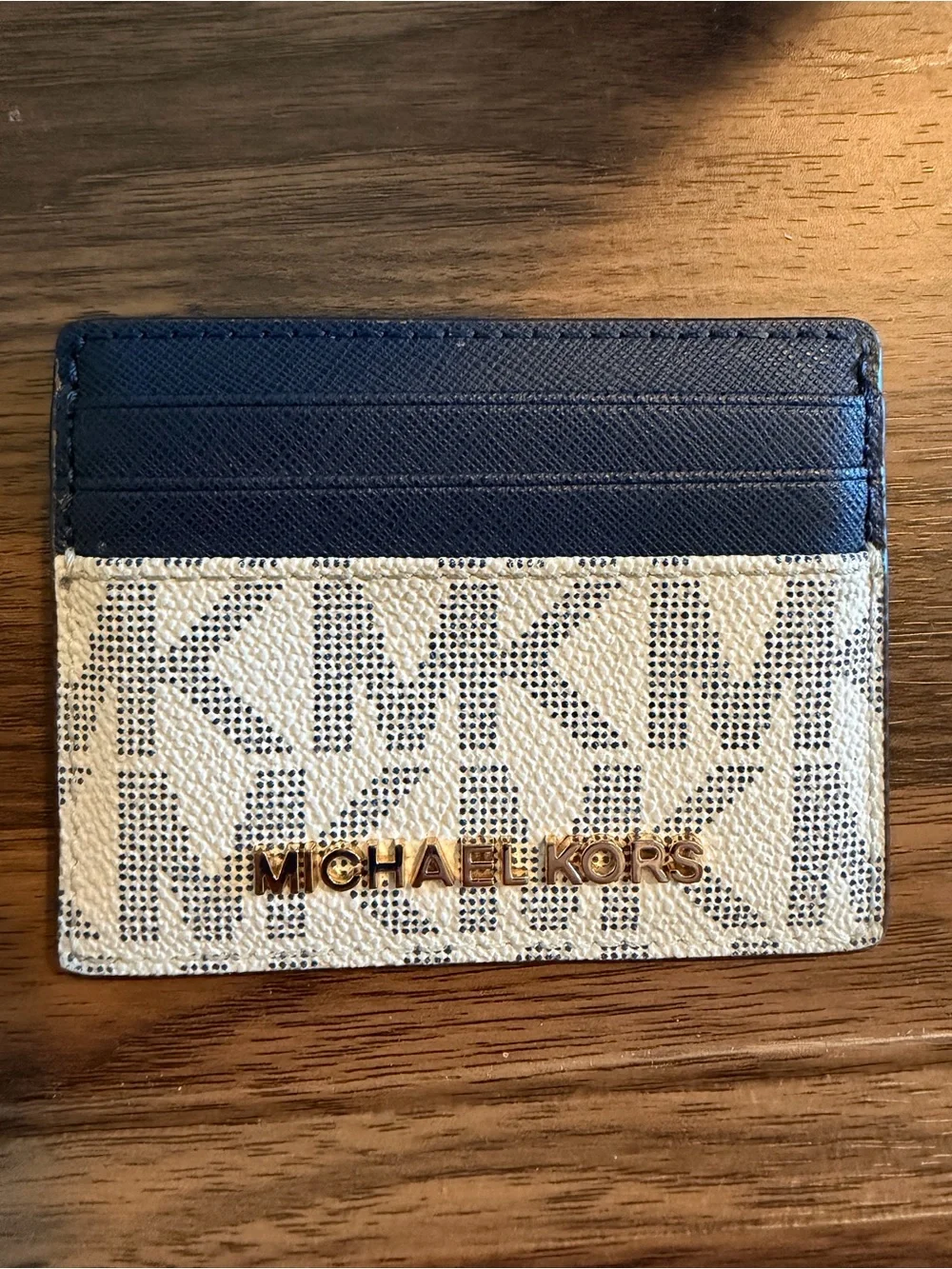 Michael Kors Navy & Cream MK Logo Card Case with Gold Plaque